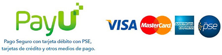 Pago seguro con tarjeta débito con PSE, tarjetas de crédito y otros medios de pago.